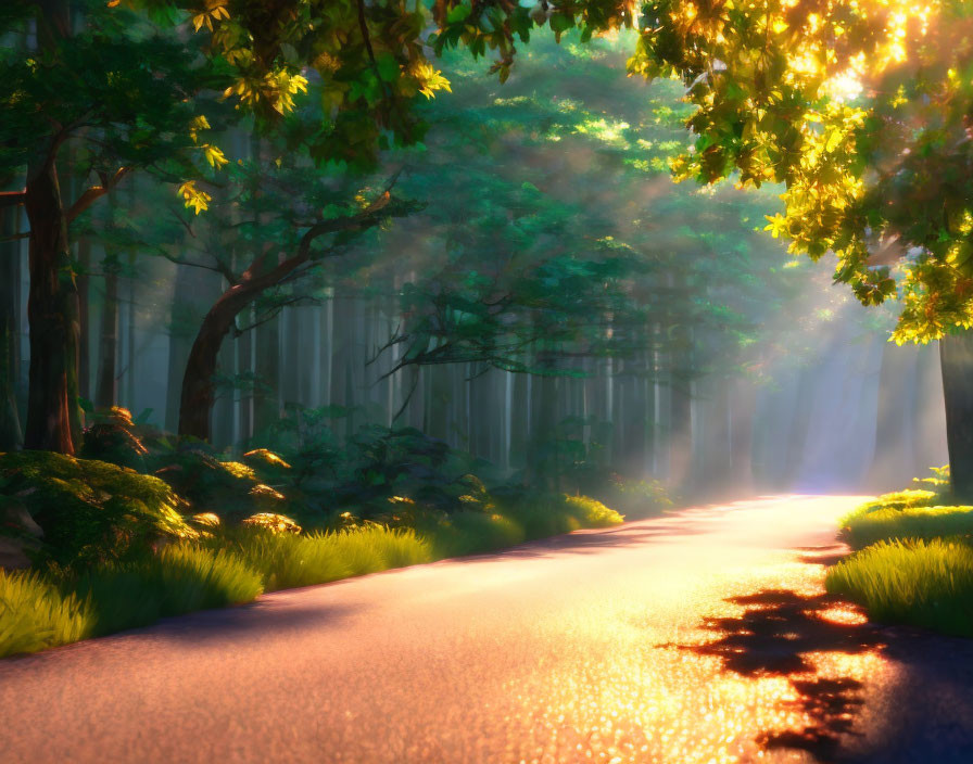 Lush forest with dappled sunlight on serene woodland path