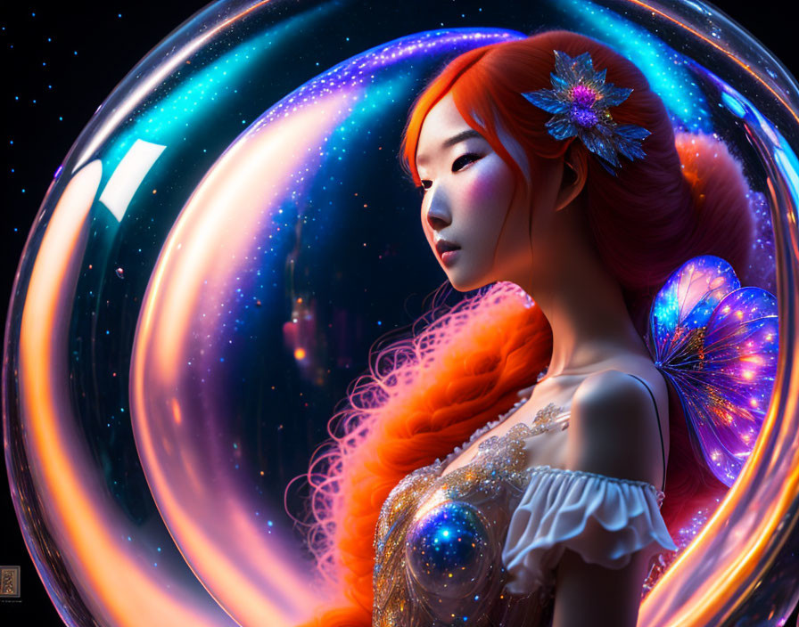 Fantasy image: Woman with red hair and butterfly wing in cosmic orb on starry background