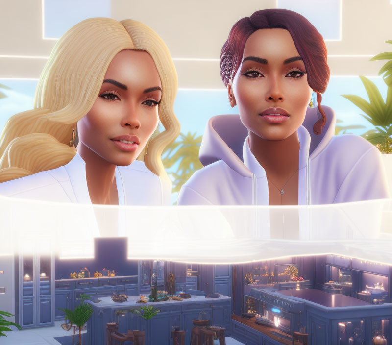 Stylized female characters with modern hairstyles in bright kitchen setting