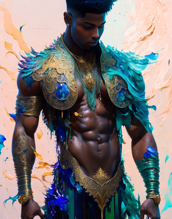 Shirtless man with gold and teal armor and body paint