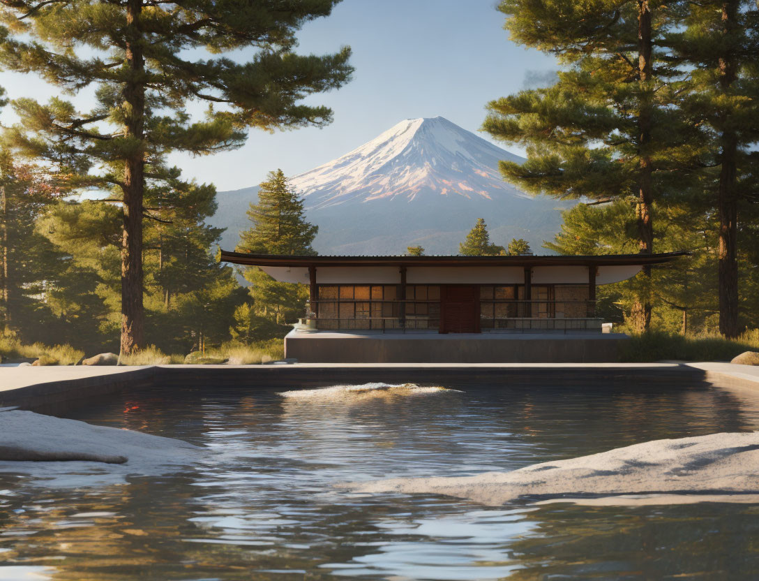 Traditional Japanese Hot Spring Overlooking Snow-Capped Mountain