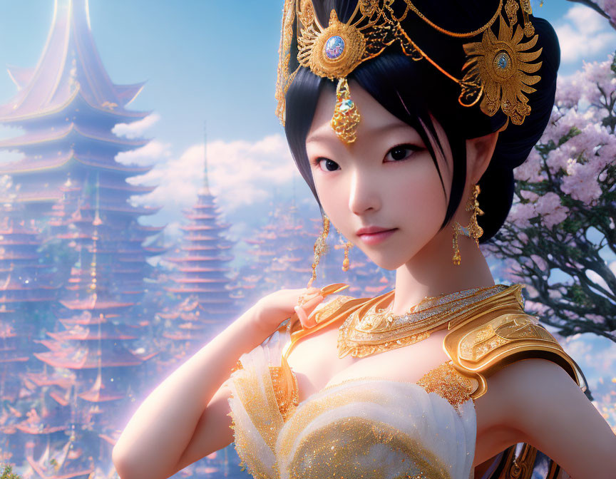 3D-animated female figure in traditional Asian attire with headdress in fantasy setting