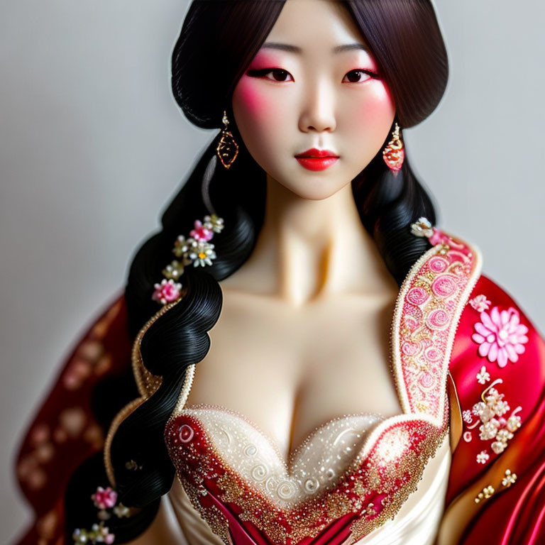 Digitally rendered image of a woman in East Asian dress with floral hair adornments