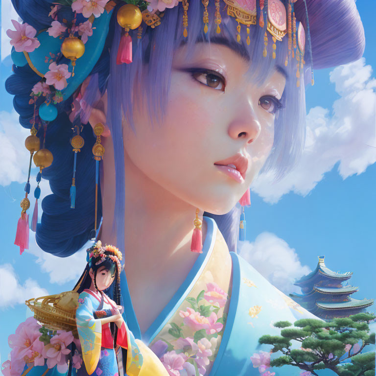 Asian woman with blue hair in traditional attire and cherry blossoms illustration.