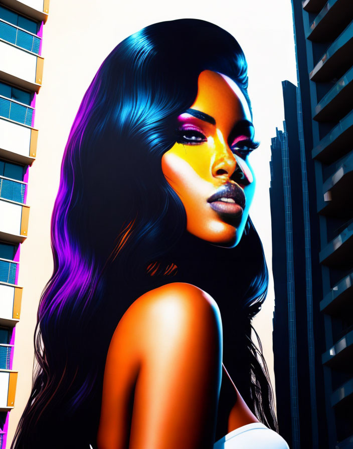 Colorful artwork of woman with flowing hair amid towering buildings