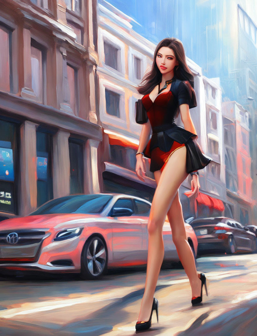 Stylized illustration of a confident woman in black and red outfit on vibrant city street