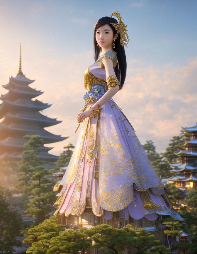 Digital artwork: Woman in ancient Asian royal attire with pagoda-style buildings at sunset