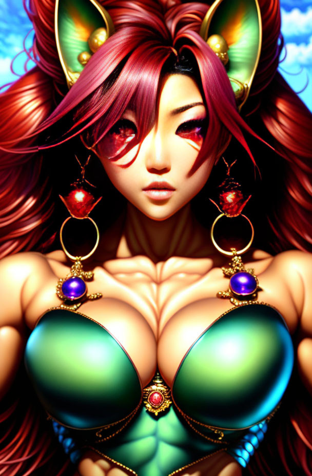 Digital artwork of female fantasy character with cat-like ears, red eyes, auburn hair, and