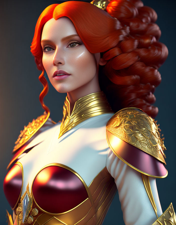 Detailed 3D rendering of female character in red hair and ornate golden armor