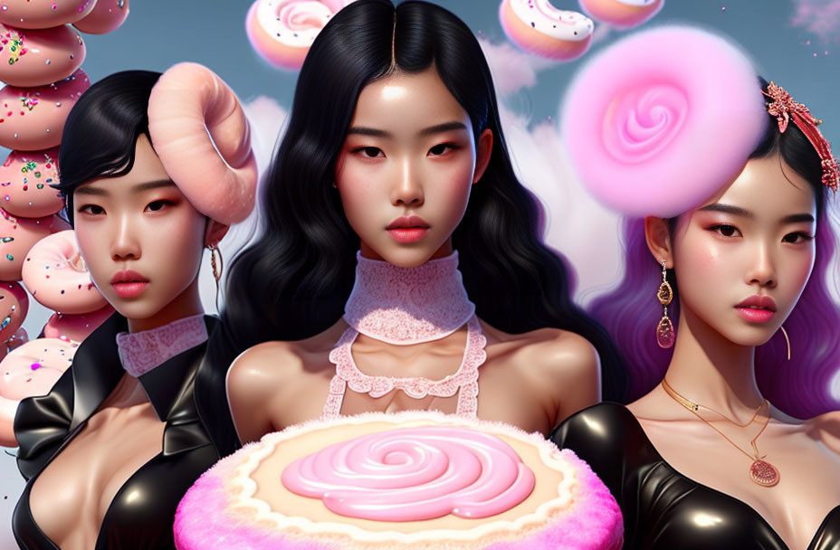 Stylized women in leather outfits with candy-themed accessories against colorful backdrop