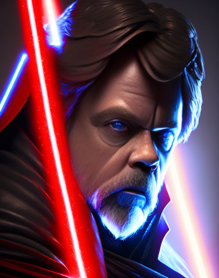Bearded man in digital art with red and blue lightsabers