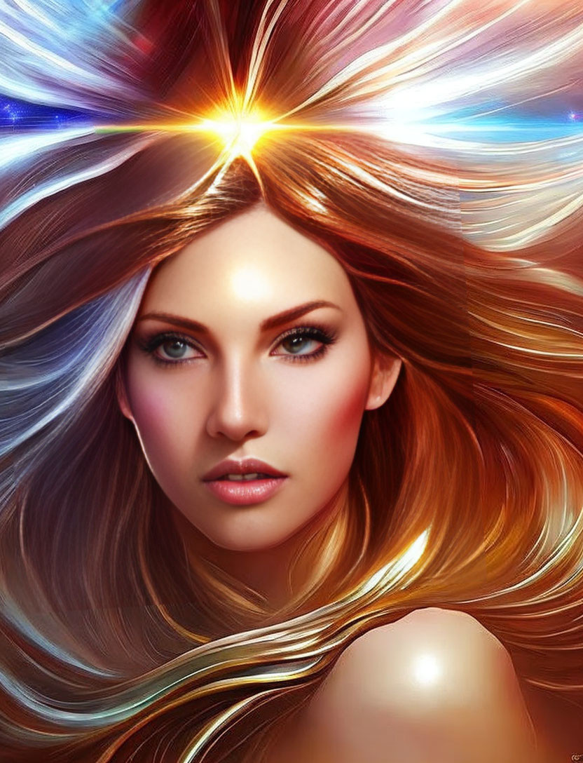 Vibrant digital artwork: Woman with colorful flowing hair and glowing star.