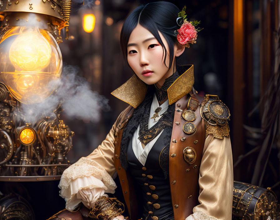 Steampunk-themed woman with red flower in hair next to glowing machinery