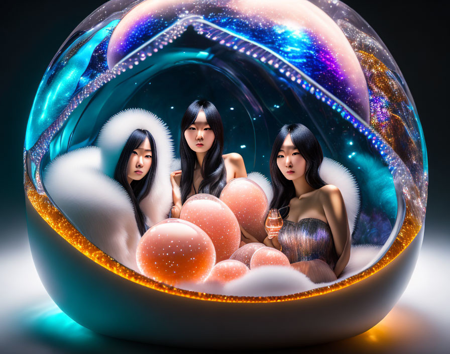 Three women in surreal orb with feather-like textures and cosmic patterns