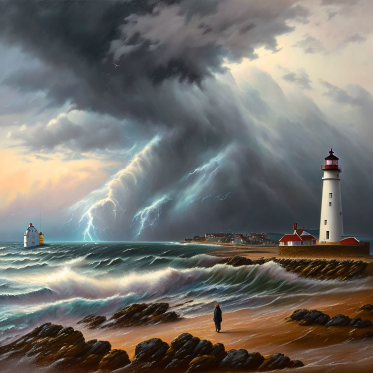 Dramatic coastal scene with lighthouse, lightning, crashing waves, and solitary figure