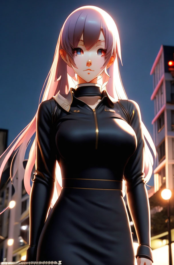 Pink-haired female anime character in black outfit at twilight