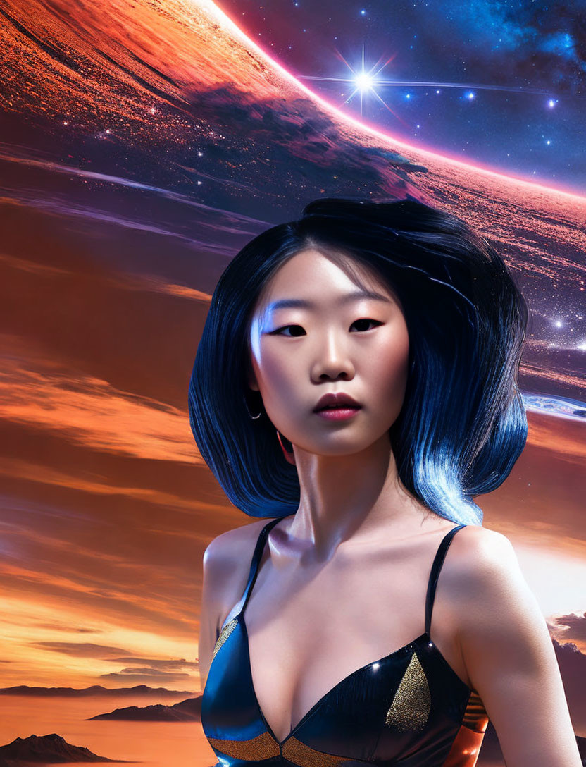 Blue-tinted hair woman in cosmic setting with vibrant planet and starry sky