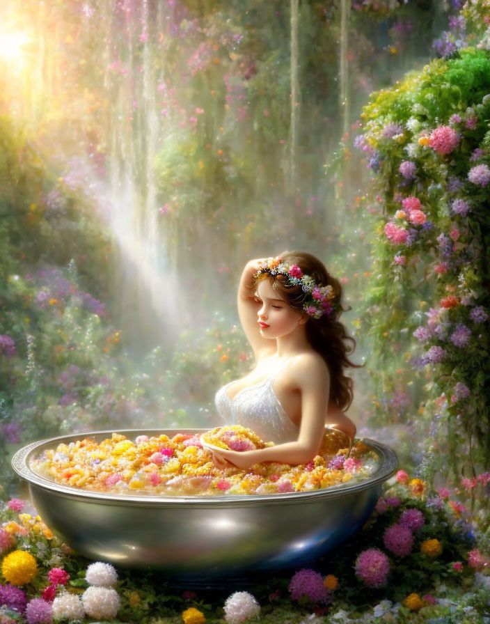 Woman bathing in floral bath under ethereal light in lush, flower-covered setting