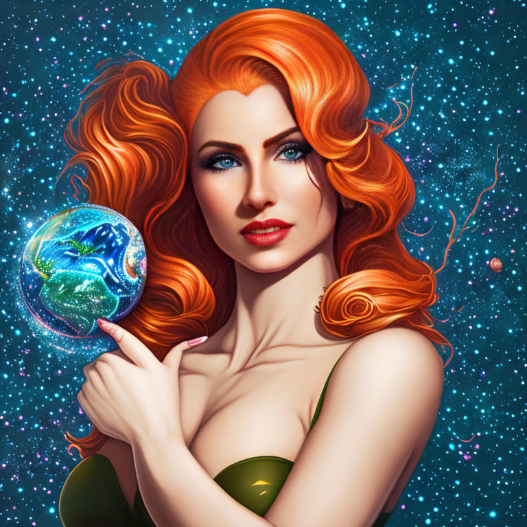 Red-haired woman holding glowing planet in starry space scene