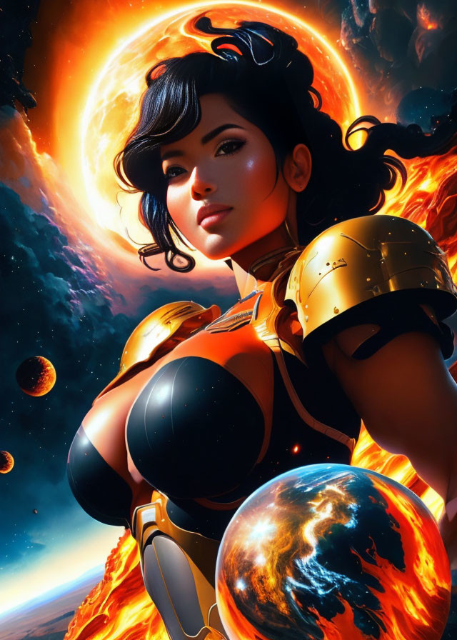 Futuristic female warrior with black hair in golden armor in cosmic setting