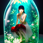 Digital art: Woman in luminous terrarium with flowers & light effects