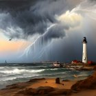 Dramatic coastal scene with lighthouse, lightning, crashing waves, and solitary figure