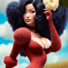 Woman with voluminous black hair in red and white outfit poses in grassy field under blue sky.