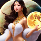 Fantastical painting of woman with flowing hair and orbs in mountainous setting