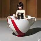 Woman with Black Bob Haircut Sitting in Large White Teacup with Red Stripe, Wearing Brown