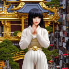 Futuristic black-haired woman in white outfit near pagoda-like building