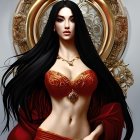 Fantasy digital art: Woman with black hair, golden ornaments, and halo in elegant attire