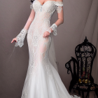 Detailed Illustration of Woman in White Lace Bridal Gown and Black Mannequin