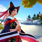 Digital artwork: Woman with fox ears in kimono against mountain backdrop