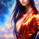 Digital portrait of woman in red and gold outfit with fantasy castle backdrop