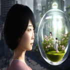 Digital artwork: Woman gazing at smaller self in bubble with serene pagoda scene vs. cityscape