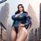 Stylized digital artwork of confident female police officer in futuristic cityscape