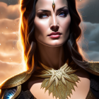 Portrait of woman with blue eyes, golden armor, and ethereal wings on soft backdrop