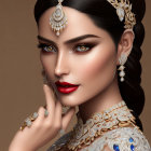 Woman with Striking Makeup and Bold Lips in Embellished Tiara