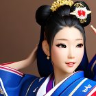 3D render of woman with East Asian hairstyle in blue kimono