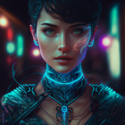 Female character in cybernetic armor with glowing blue details in futuristic digital artwork