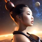 Digital artwork: Woman with East Asian hairstyle and jewelry in space setting