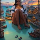 Digital artwork: Woman by water in historical port town at dusk