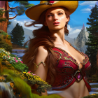 Digital artwork of woman in cowboy hat and ornate top in fantasy landscape with mountains and river