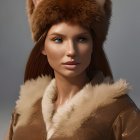 Digital Artwork: Woman with Brown Bear Ears in Fur-Trimmed Coat