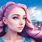 Pink-haired woman in digital art against futuristic city backdrop