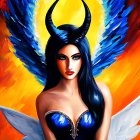 Colorful artwork of woman with dark hair, horn, phoenix-like wings, and blue corset