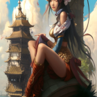 Traditional Asian woman in elegant attire with sword, sitting by pagoda-style structures.