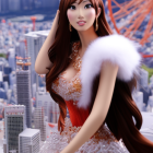 Illustrated character in gold and white outfit with fur stole against cityscape at dusk