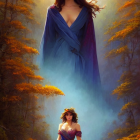 Long-haired woman in starry gown mirrored with autumnal forest and waterfalls