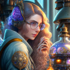 Young woman with glasses and ornate headphones in steampunk setting.